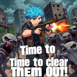 An anime-style boy with vibrant blue hair, dressed in a tactical outfit, skillfully shooting zombies with his gun in a post-apocalyptic setting