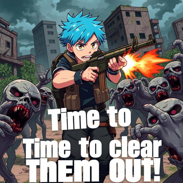An anime-style boy with vibrant blue hair, dressed in a tactical outfit, skillfully shooting zombies with his gun in a post-apocalyptic setting