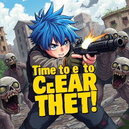 An anime-style boy with vibrant blue hair, dressed in a tactical outfit, skillfully shooting zombies with his gun in a post-apocalyptic setting