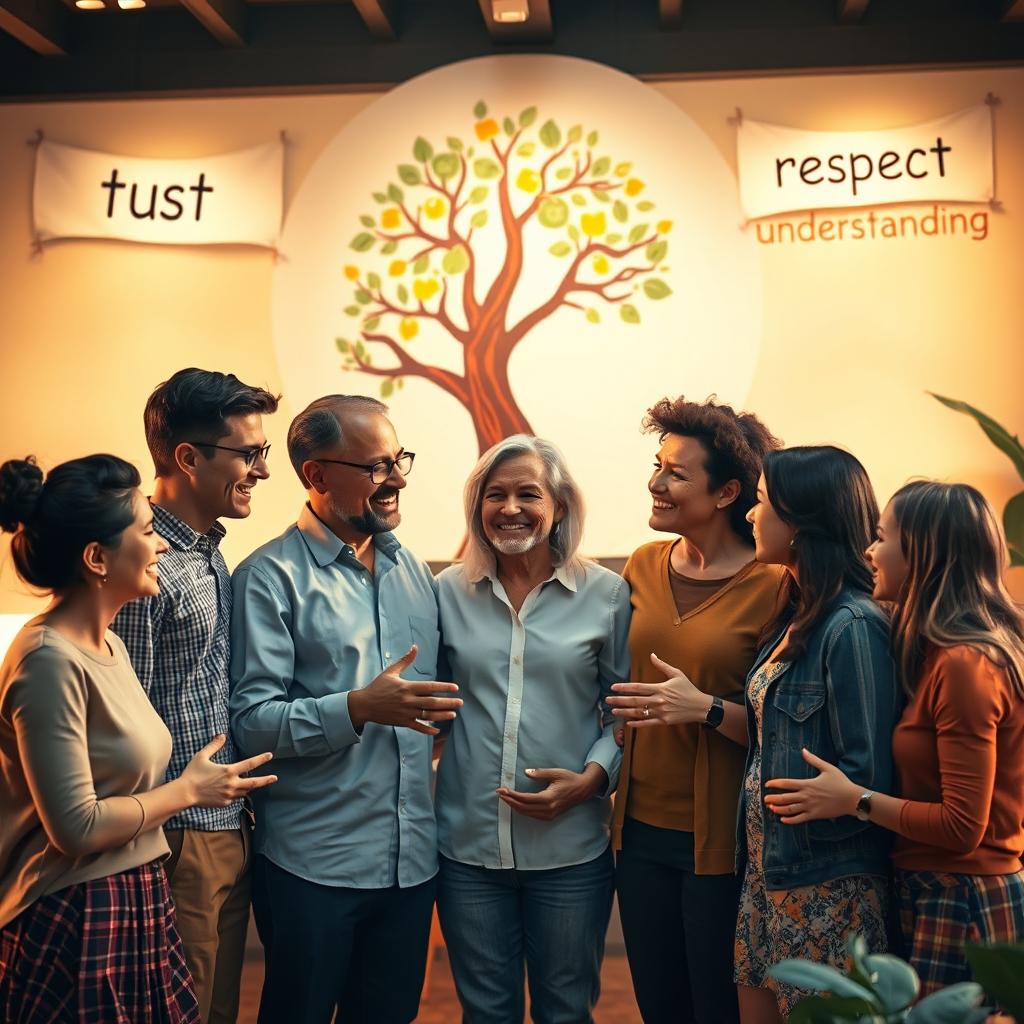 An inspiring scene depicting effective human relationships and communication, featuring diverse individuals (different ages, genders, and ethnicities) engaged in open and friendly dialogue in a warm, inviting environment