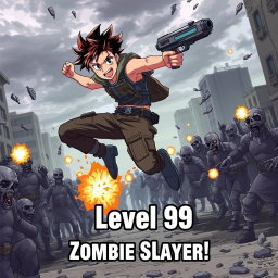 An anime boy dynamically jumping in an urban environment, wielding a futuristic gun, shooting at hordes of zombies around him
