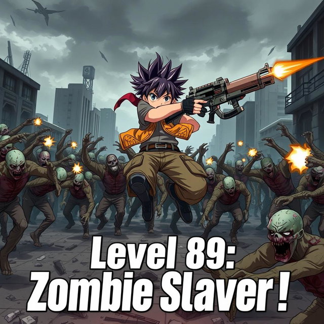 An anime boy dynamically jumping in an urban environment, wielding a futuristic gun, shooting at hordes of zombies around him