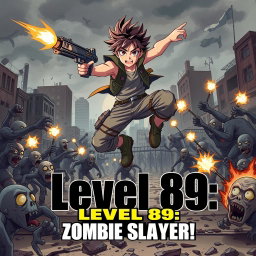 An anime boy dynamically jumping in an urban environment, wielding a futuristic gun, shooting at hordes of zombies around him