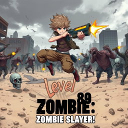 An anime boy dynamically jumping in an urban environment, wielding a futuristic gun, shooting at hordes of zombies around him
