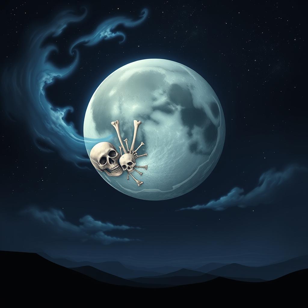 A surreal illustration of a moon made entirely of bones, showcasing a variety of bone structures such as skulls, femurs, and rib cages intricately fused together to form a celestial body