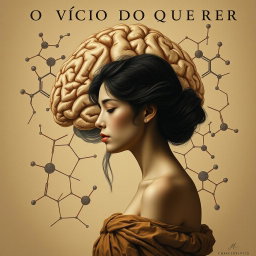 A classic style interpretation of the title "O VÍCIO DO QUERER" (The Addiction of Wanting), illustrating the interplay between human desire and scientific understanding
