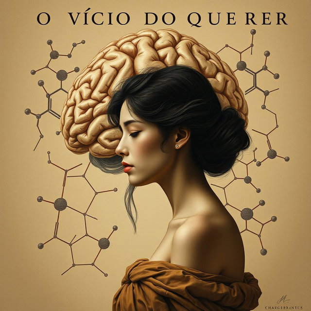 A classic style interpretation of the title "O VÍCIO DO QUERER" (The Addiction of Wanting), illustrating the interplay between human desire and scientific understanding