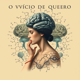 A classic style interpretation of the title "O VÍCIO DO QUERER" (The Addiction of Wanting), illustrating the interplay between human desire and scientific understanding