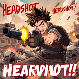 An anime-style boy fiercely shooting zombies with his gun, displaying intense determination and action-packed energy