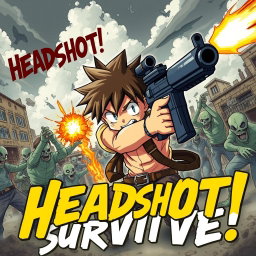 An anime-style boy fiercely shooting zombies with his gun, displaying intense determination and action-packed energy