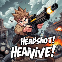 An anime-style boy fiercely shooting zombies with his gun, displaying intense determination and action-packed energy