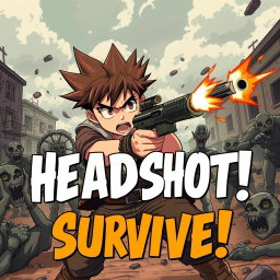 An anime-style boy fiercely shooting zombies with his gun, displaying intense determination and action-packed energy