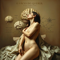 A classic style artwork titled "O VÍCIO DO QUERER" (The Addiction of Wanting), capturing the essence of human desire through a scientific lens