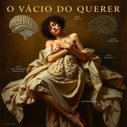 A classic style artwork titled "O VÍCIO DO QUERER" (The Addiction of Wanting), capturing the essence of human desire through a scientific lens