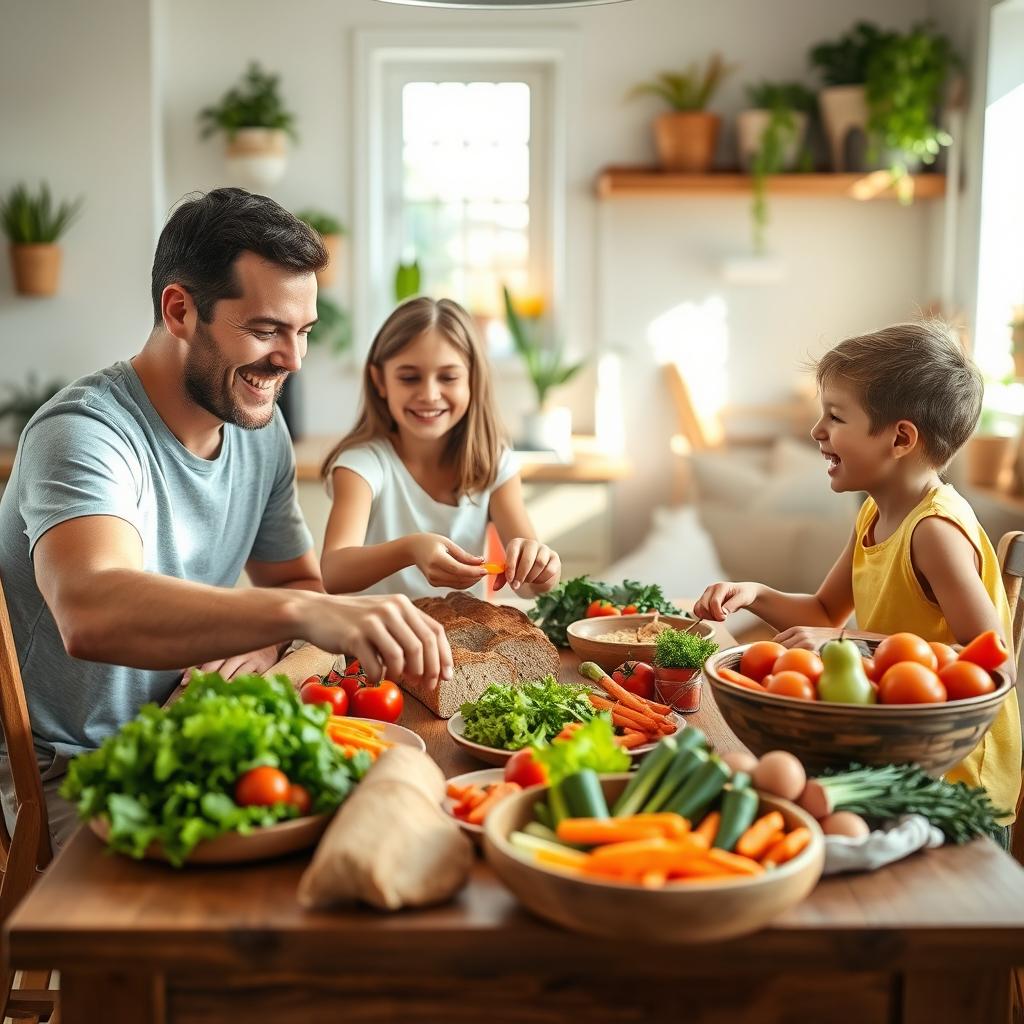 A joyful family of four, consisting of two parents and two children, gathered around a wooden dining table, enjoying a colorful spread of healthy food