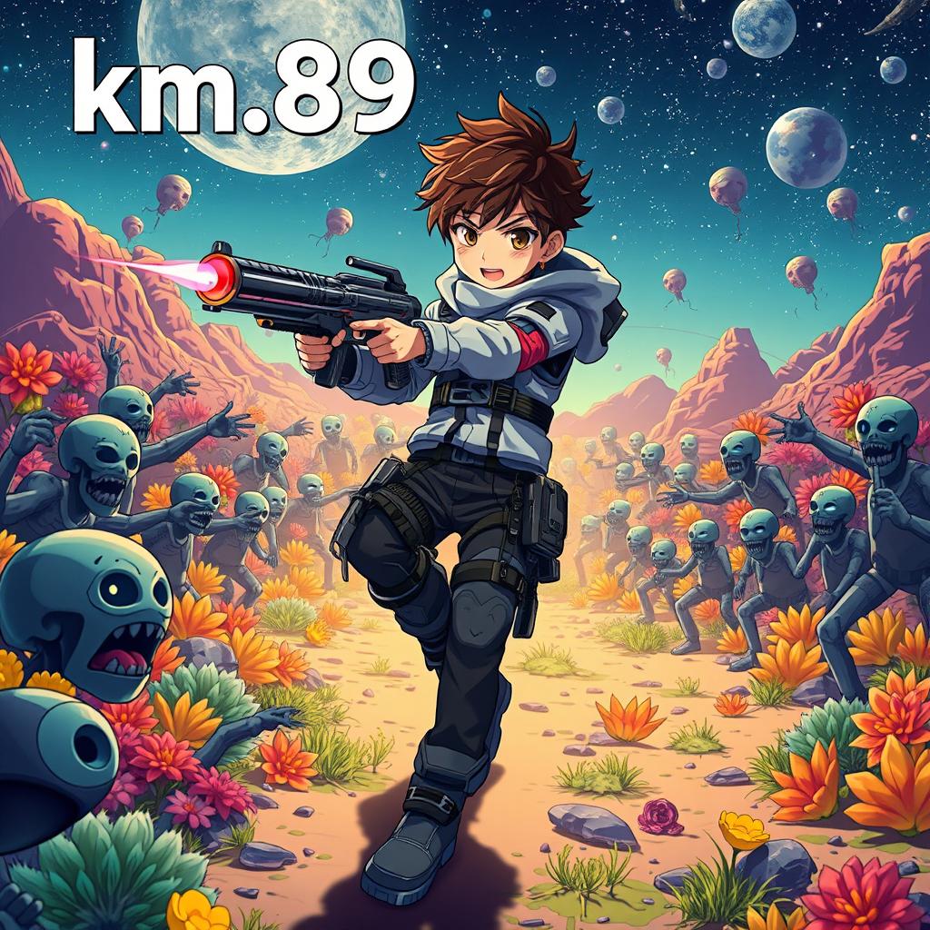 An anime boy wielding a futuristic gun, bravely fighting off hordes of zombies on an alien planet