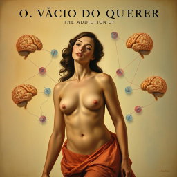 A classic style painting titled "O VÍCIO DO QUERER" (The Addiction of Wanting), combining themes of human desire and scientific exploration