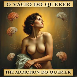 A classic style painting titled "O VÍCIO DO QUERER" (The Addiction of Wanting), combining themes of human desire and scientific exploration