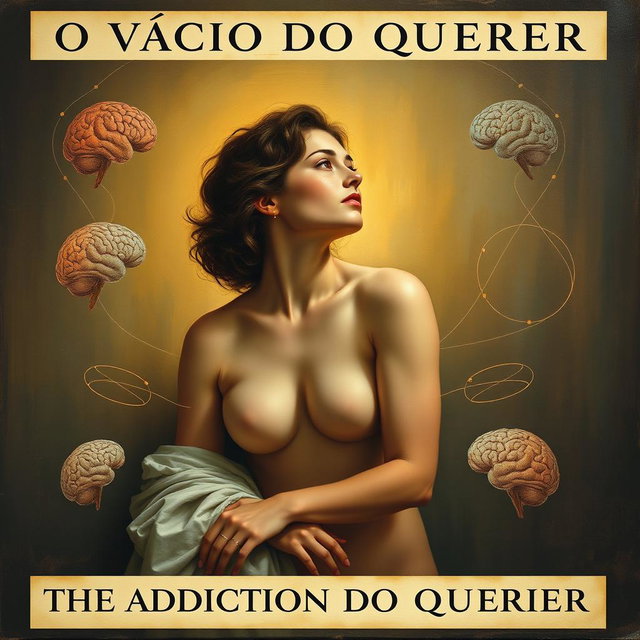 A classic style painting titled "O VÍCIO DO QUERER" (The Addiction of Wanting), combining themes of human desire and scientific exploration