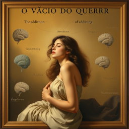 A classic style painting titled "O VÍCIO DO QUERER" (The Addiction of Wanting), combining themes of human desire and scientific exploration