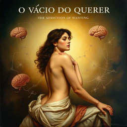 A classic style painting titled "O VÍCIO DO QUERER" (The Addiction of Wanting), combining themes of human desire and scientific exploration