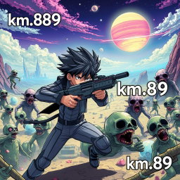An anime-style boy fiercely battling zombies on an alien planet, wielding a futuristic rifle