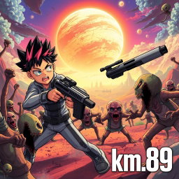 An anime-style boy fiercely battling zombies on an alien planet, wielding a futuristic rifle