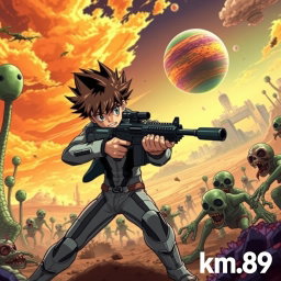 An anime-style boy fiercely battling zombies on an alien planet, wielding a futuristic rifle