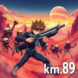 An anime-style boy fiercely battling zombies on an alien planet, wielding a futuristic rifle