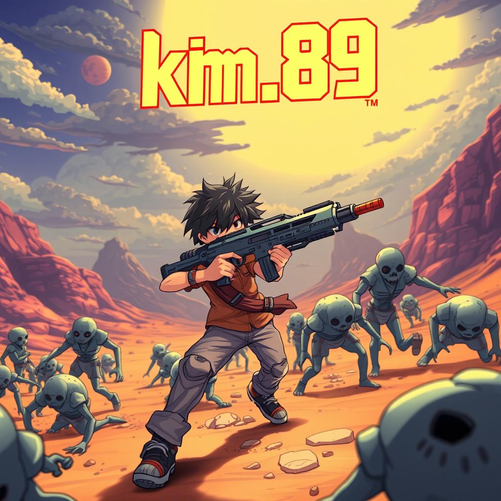 An anime-style boy fighting against zombies on an alien planet, holding a futuristic gun