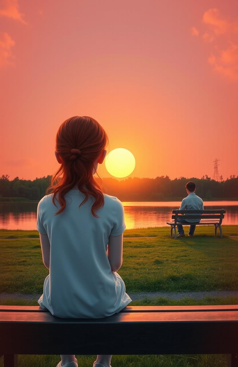 A picturesque sunset background illuminating a serene lake, surrounded by grassy areas resembling a park