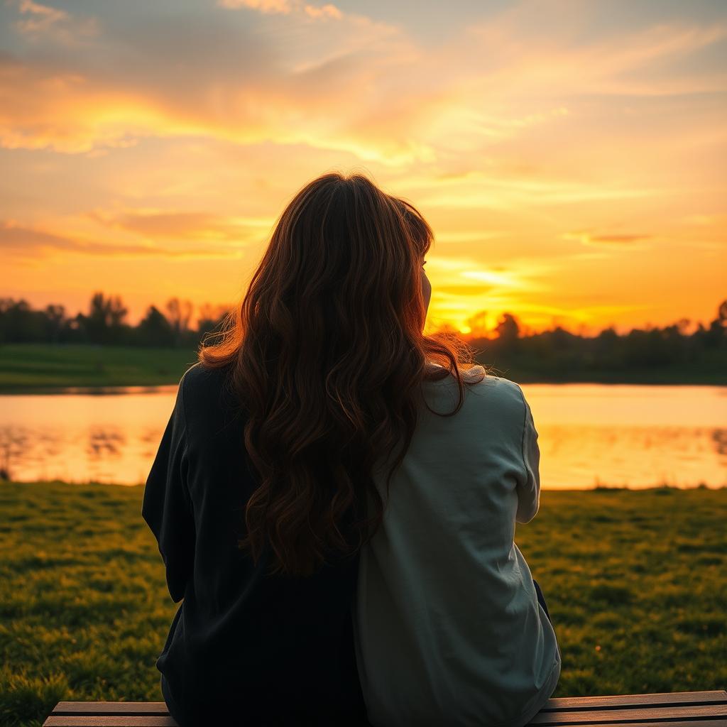 A picturesque sunset background illuminating a serene lake, surrounded by grassy areas resembling a park