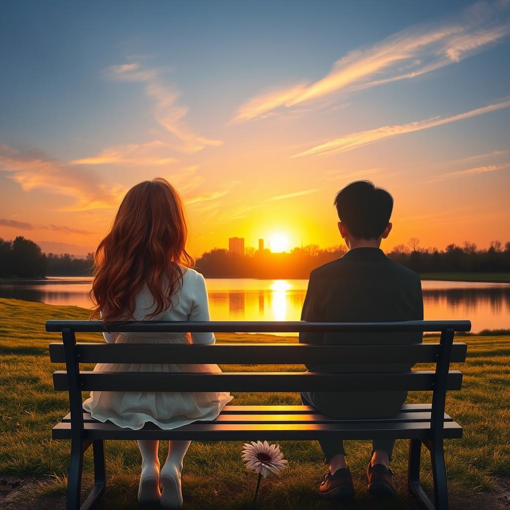A picturesque sunset background illuminating a serene lake, surrounded by grassy areas resembling a park