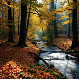 A serene and natural landscape showcasing a peaceful forest scene during autumn