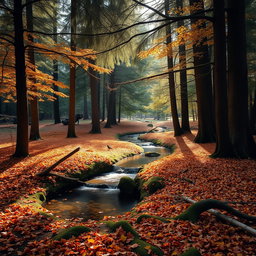 A serene and natural landscape showcasing a peaceful forest scene during autumn