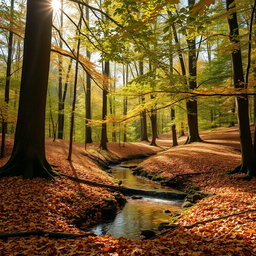 A serene and natural landscape showcasing a peaceful forest scene during autumn