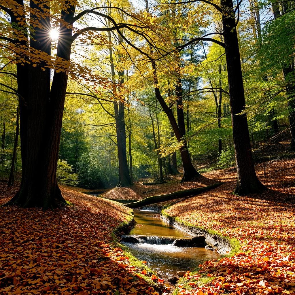 A serene and natural landscape showcasing a peaceful forest scene during autumn
