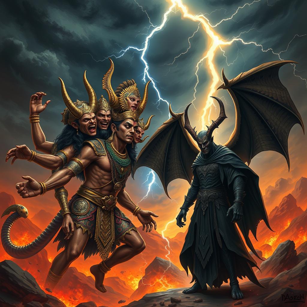 A dramatic showdown between Ravana, the ten-headed demon king from Hindu mythology, and Azazel, a powerful demon figure from Judeo-Christian tradition