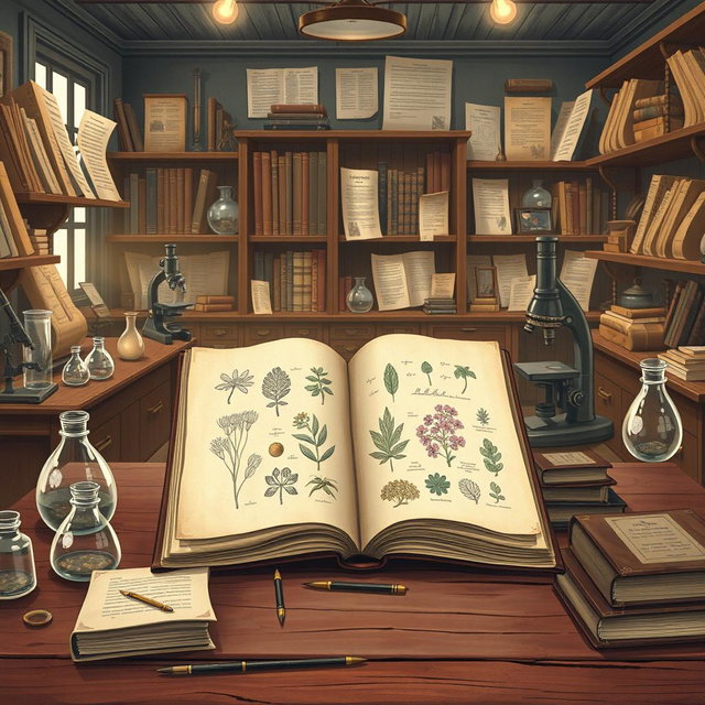A classic style illustration based on scientific studies, showcasing a vintage laboratory filled with historical scientific instruments