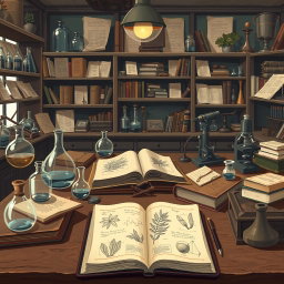 A classic style illustration based on scientific studies, showcasing a vintage laboratory filled with historical scientific instruments