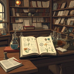 A classic style illustration based on scientific studies, showcasing a vintage laboratory filled with historical scientific instruments