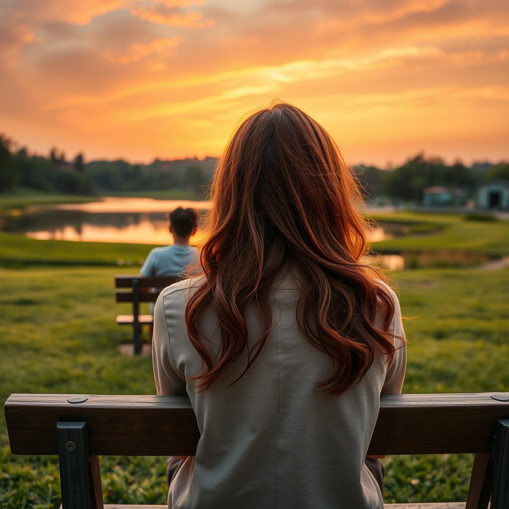 A natural, picturesque sunset background over a serene lake, surrounded by lush grassy areas resembling a park