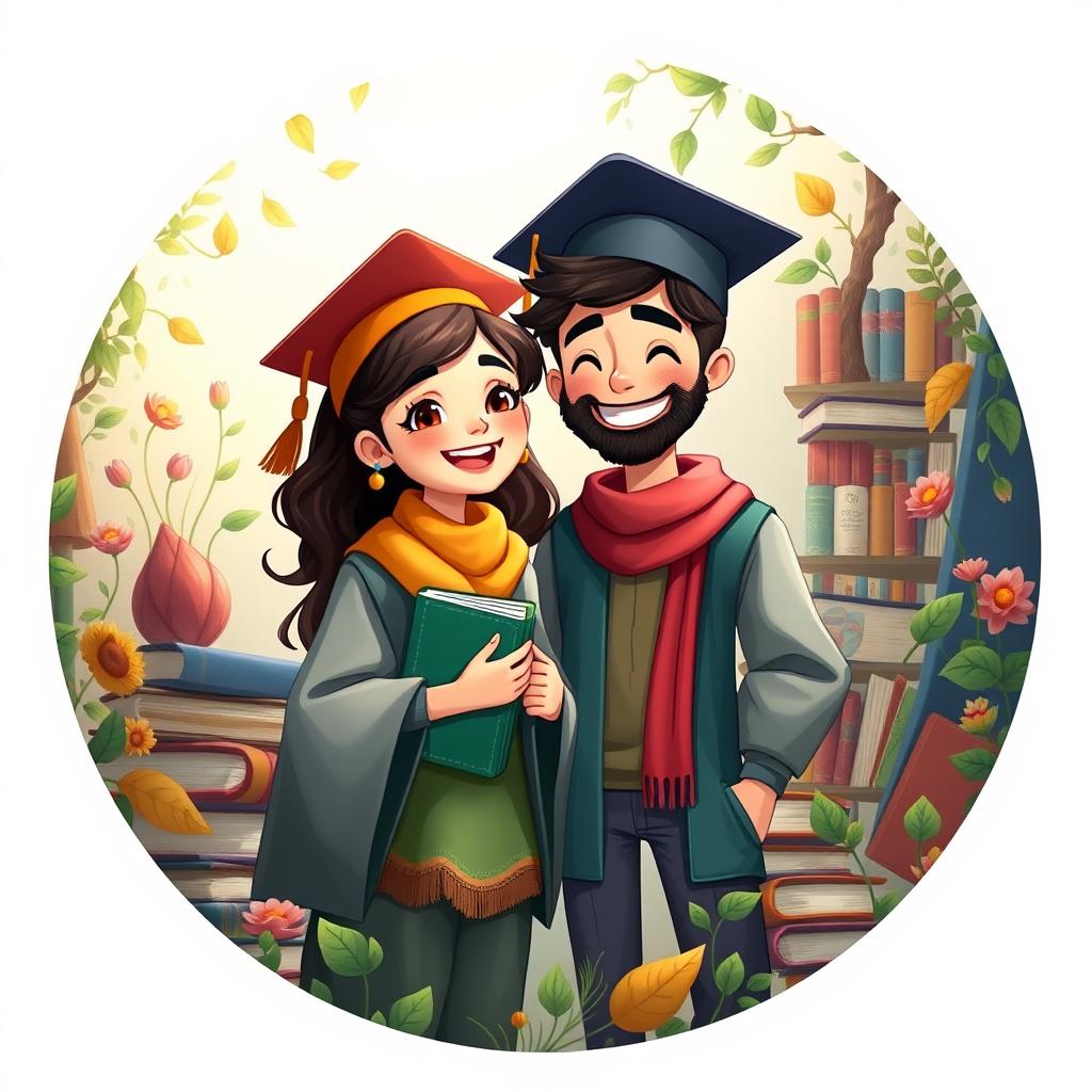 A captivating and enchanting animated illustration for a circular Telegram group profile picture featuring a happy Iranian male and female student standing side by side
