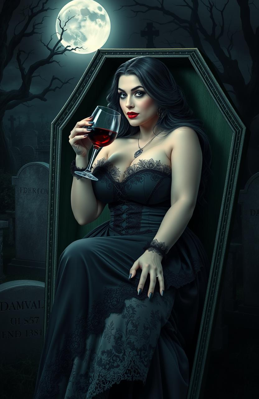 A curvy female vampire, elegantly seated inside an ornate coffin in a dark, atmospheric graveyard