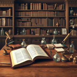 A classic style artwork inspired by scientific studies, showcasing an elegant historical laboratory setting