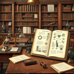 A classic style artwork inspired by scientific studies, showcasing an elegant historical laboratory setting