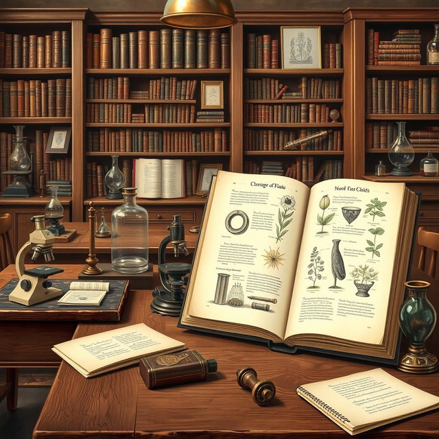 A classic style artwork inspired by scientific studies, showcasing an elegant historical laboratory setting