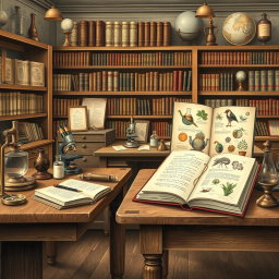 A classic style artwork inspired by scientific studies, showcasing an elegant historical laboratory setting