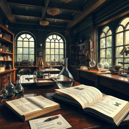 A classic style artwork inspired by scientific studies, depicting an elegant historical laboratory filled with vintage scientific tools