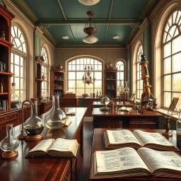 A classic style artwork inspired by scientific studies, depicting an elegant historical laboratory filled with vintage scientific tools